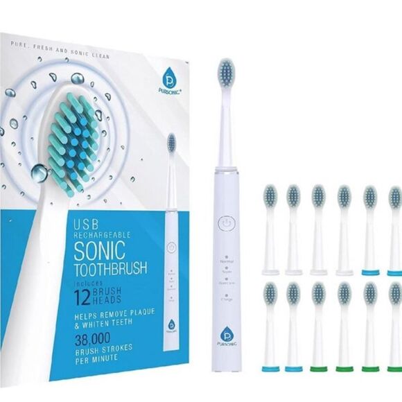 Pursonic USB Rechargeable Sonic toothbrush with 12 Brush Heads - White. NIB! - Picture 1 of 8
